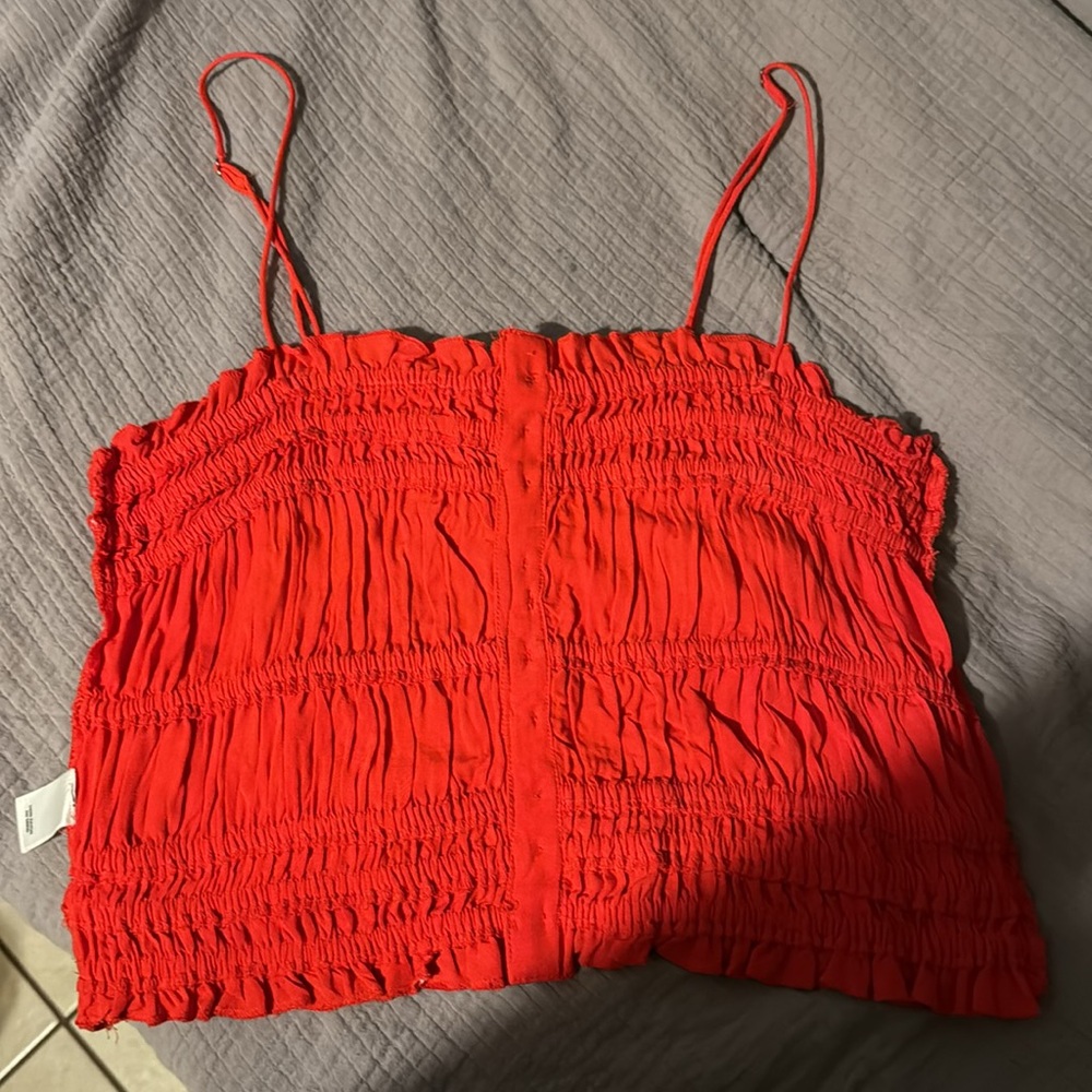 Bright Red Scrunched Crop Top With Buttons - image 4